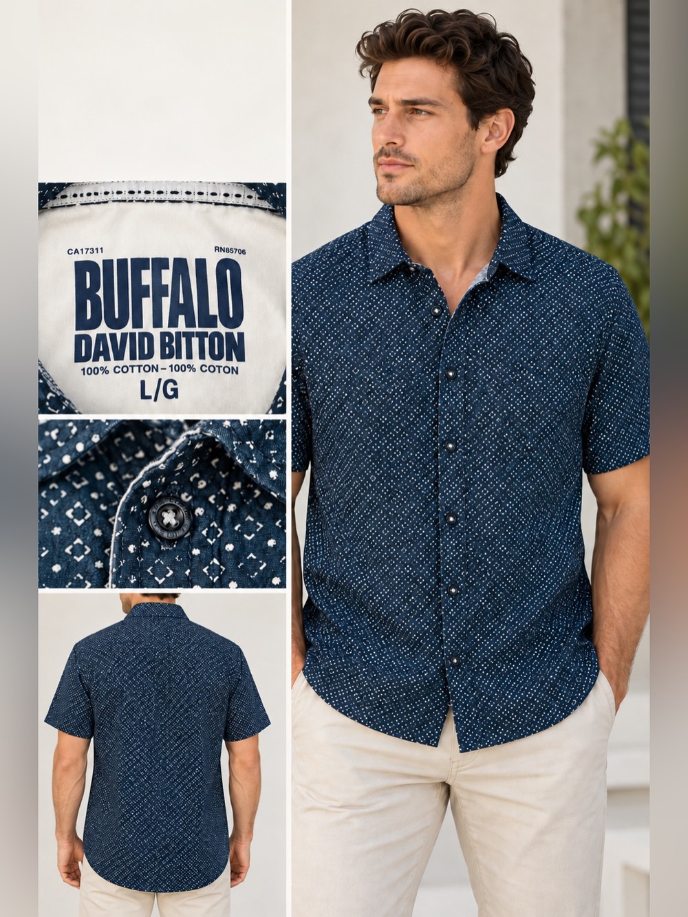 Buffalo David Bitton Navy Printed Short-Sleeve Button-Down Shirt